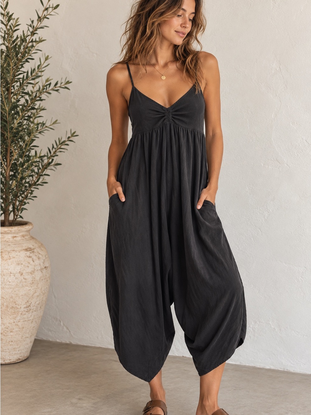 Patagonia Lost Wildflower Tencel Jumpsuit Black Tie Back Boho Minimalist L